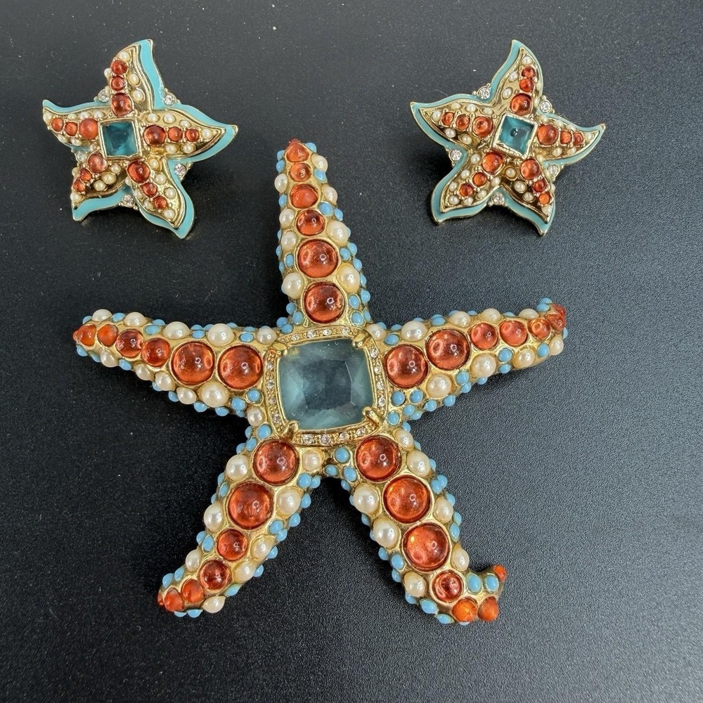 Vintage KJL Starfish Brooch & Earrings Kenneth Jay Lane Cabochon Turquoise